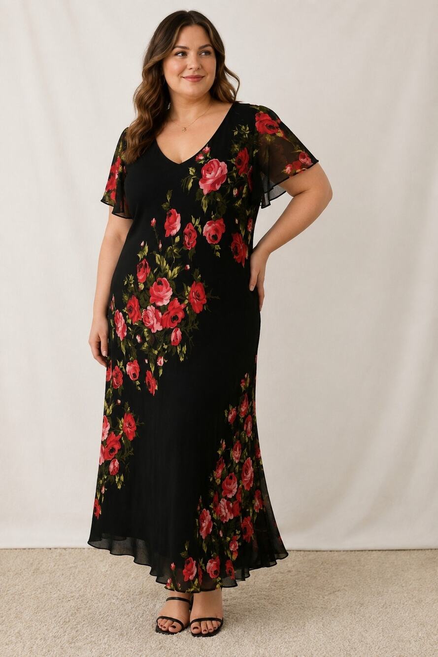 Vintage 90s Black Rose Floral Maxi Dress Plus Sz 26W Flutter Sleeve Cottagecore